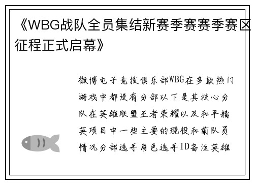《WBG战队全员集结新赛季赛赛季赛区征程正式启幕》